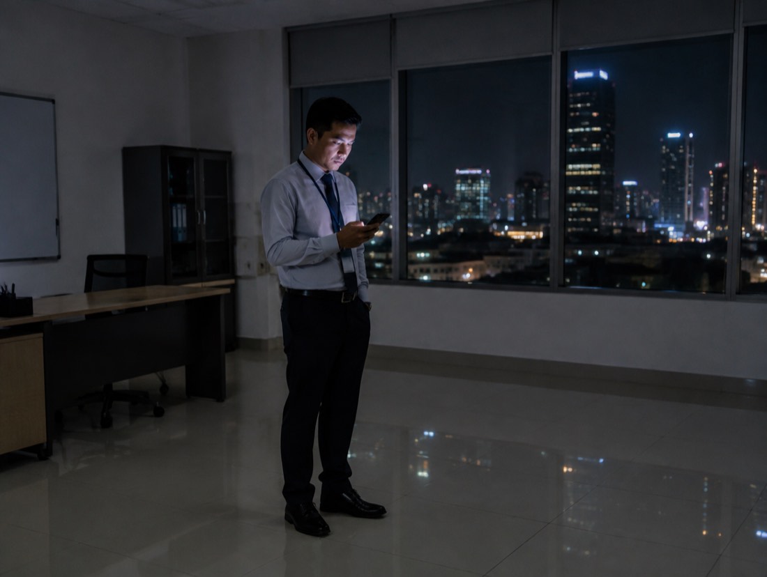 Seorang manajer berdiri sendirian di ruang kantor kosong pada malam hari sambil memegang ponsel.