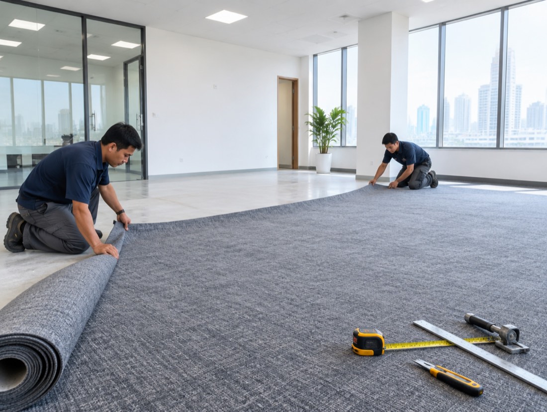 Dua tukang menggelar karpet baru di ruang kantor yang lapang.