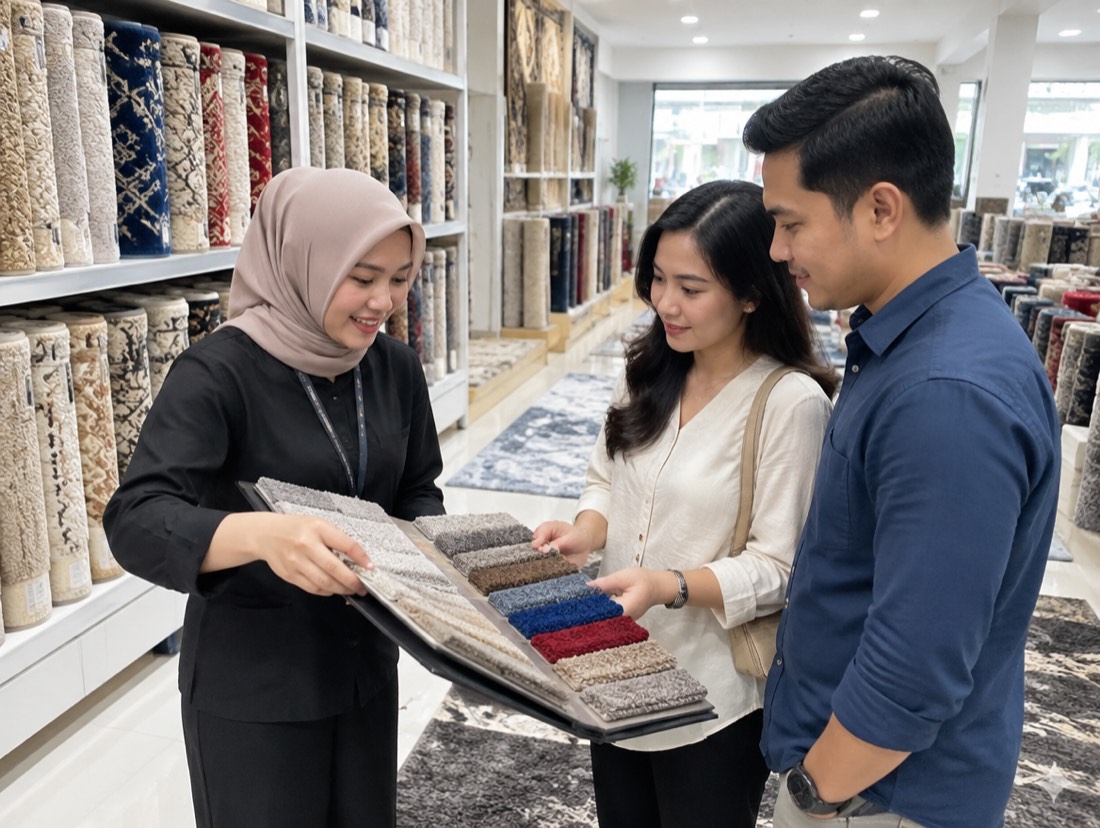 Penjual karpet menunjukkan contoh warna kepada pasangan pelanggan di toko.