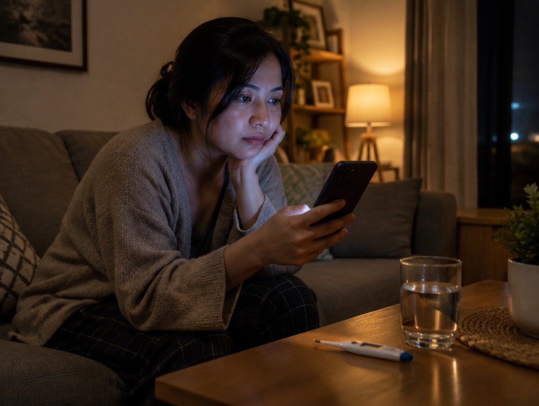 Seorang perempuan duduk di ruang keluarga pada malam hari memegang ponsel, di meja ada termometer.