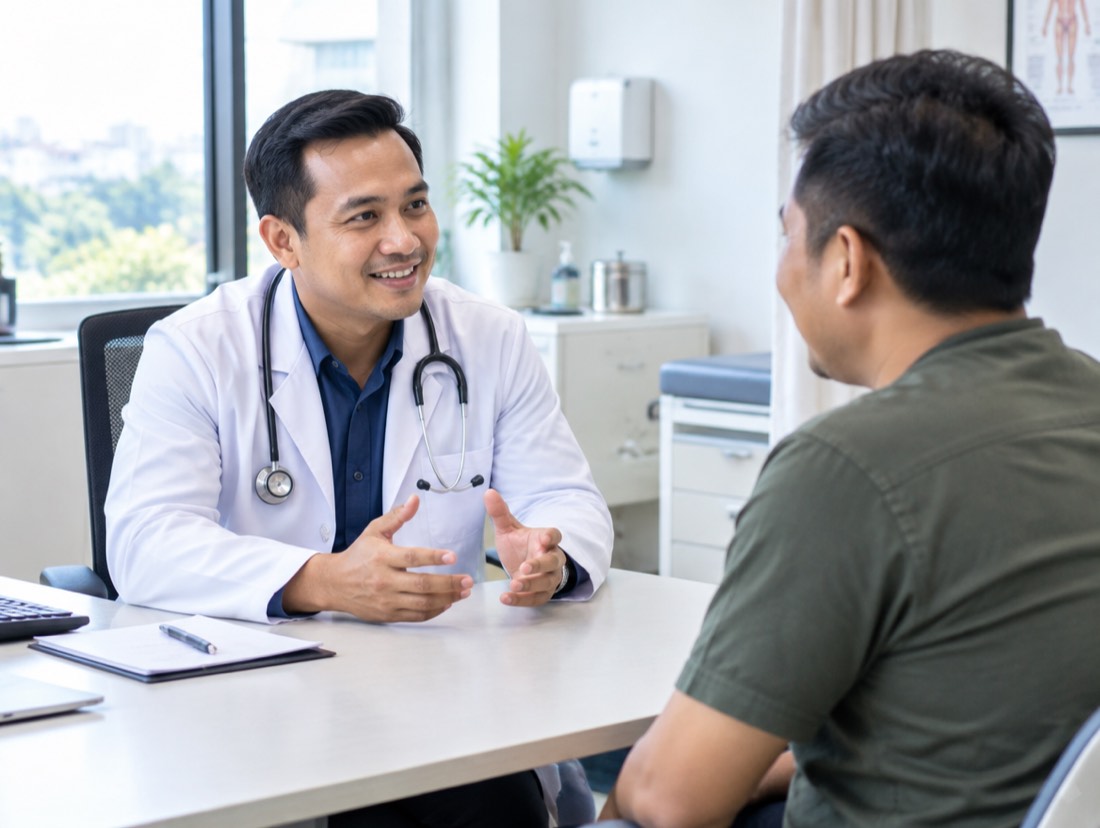 Dokter berbincang dengan pasien di ruang periksa klinik yang terang.