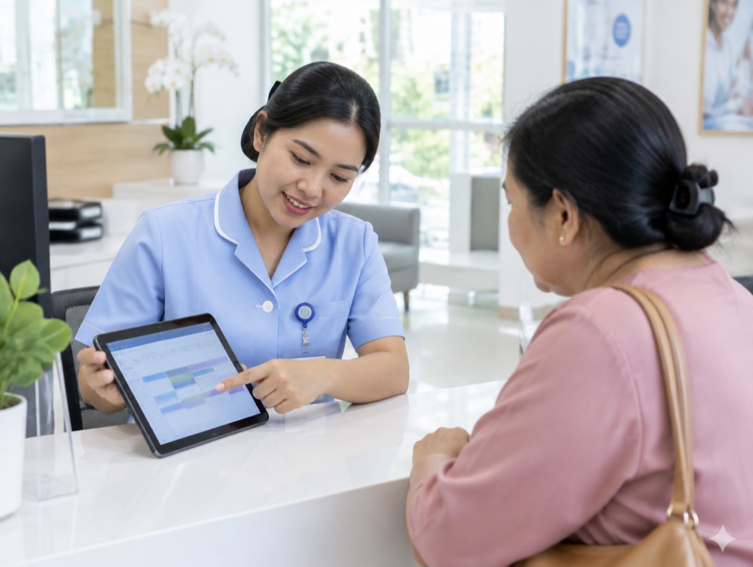 Petugas klinik menjelaskan jadwal di tablet kepada pasien di meja resepsionis.