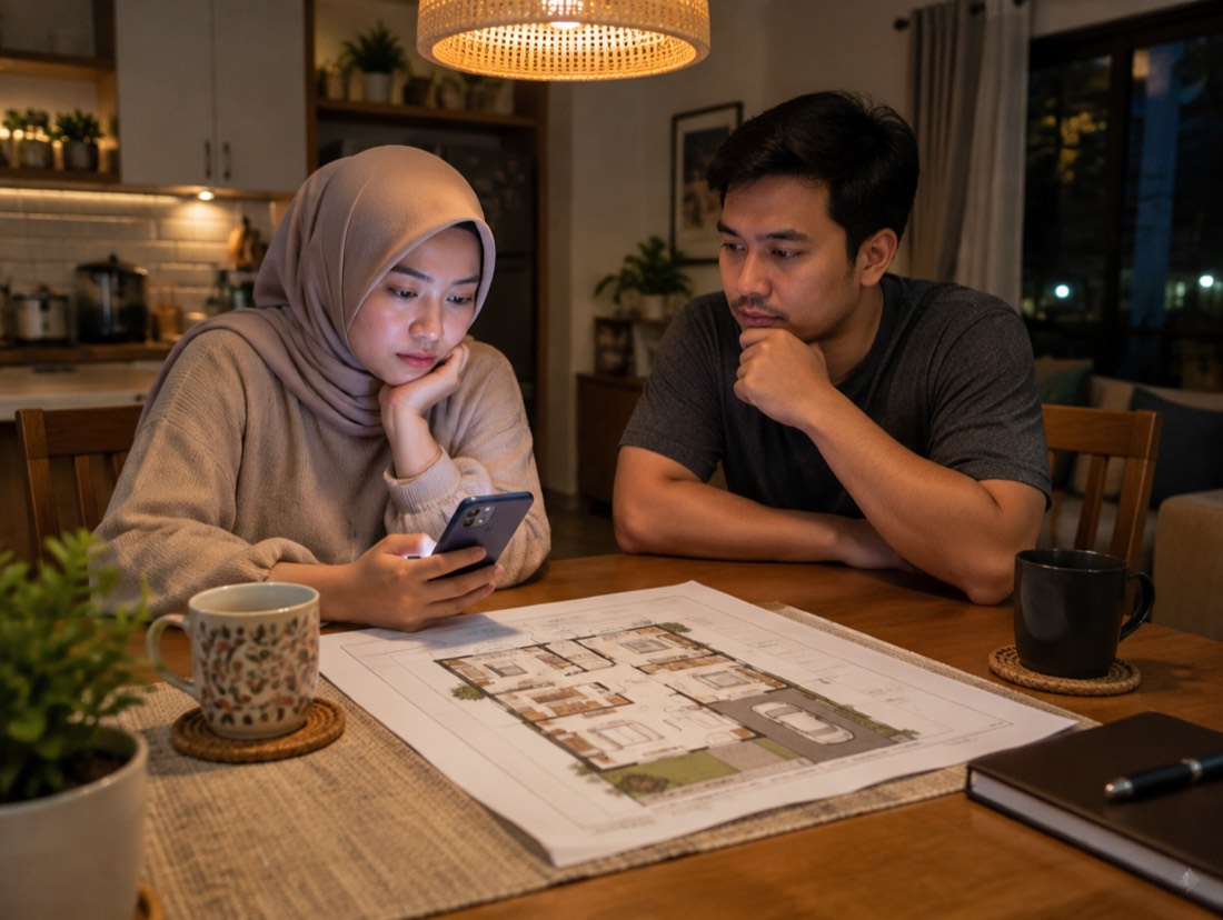 Pasangan duduk di meja makan pada malam hari dengan denah rumah terbuka, memegang ponsel.