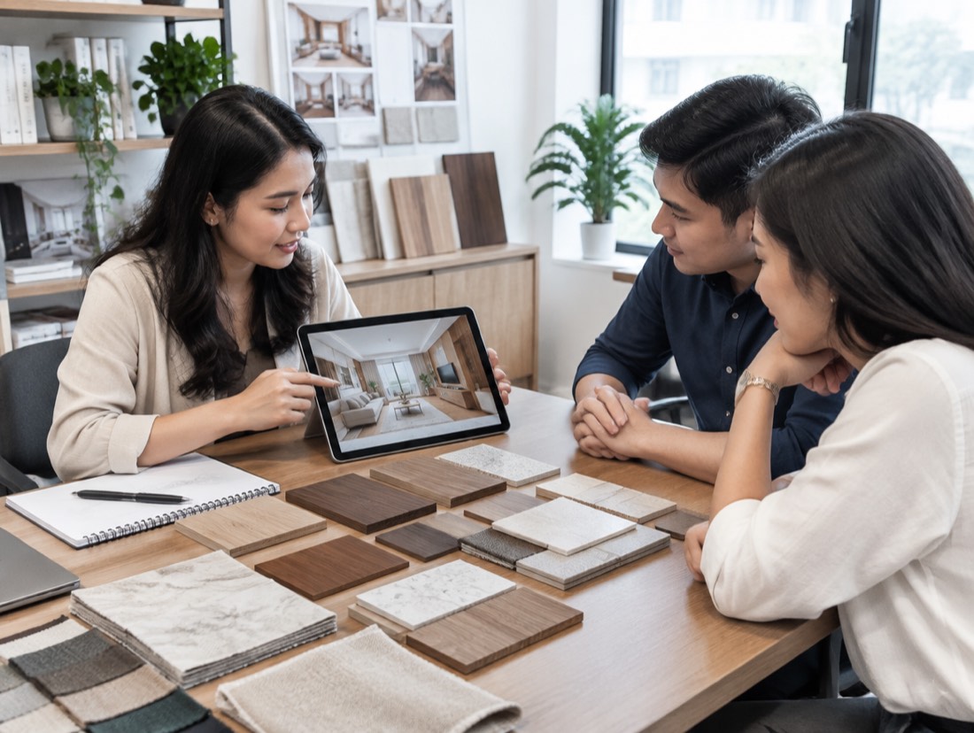 Arsitek interior menunjukkan gambar desain di tablet kepada pasangan klien di studio.