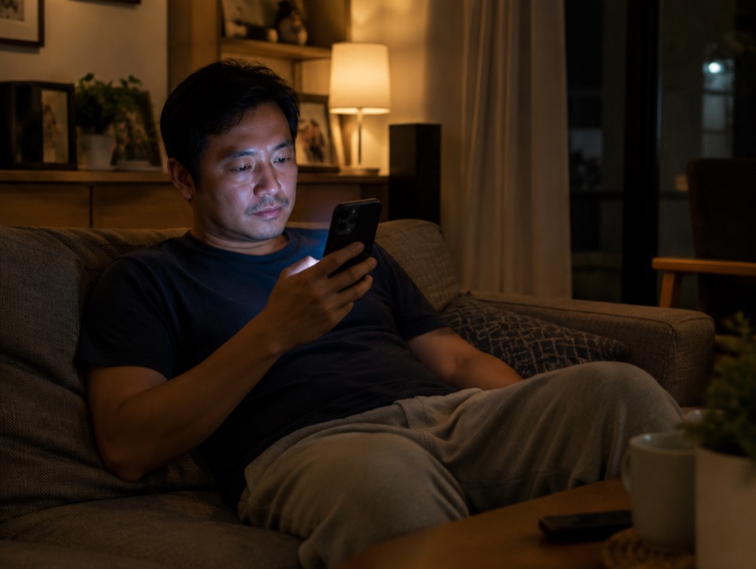 Seorang pria duduk di sofa pada malam hari sambil melihat layar ponsel, menunggu balasan.