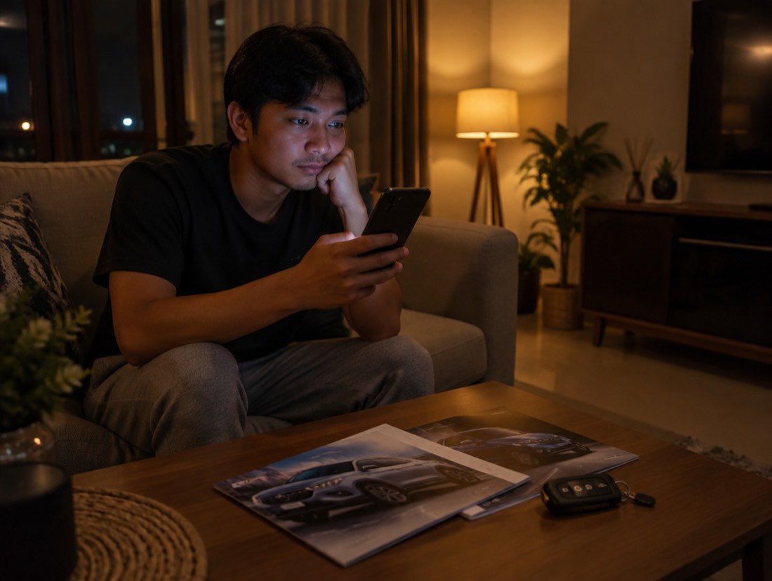 Seorang pria di sofa pada malam hari memegang ponsel, di meja ada brosur dan kunci mobil.