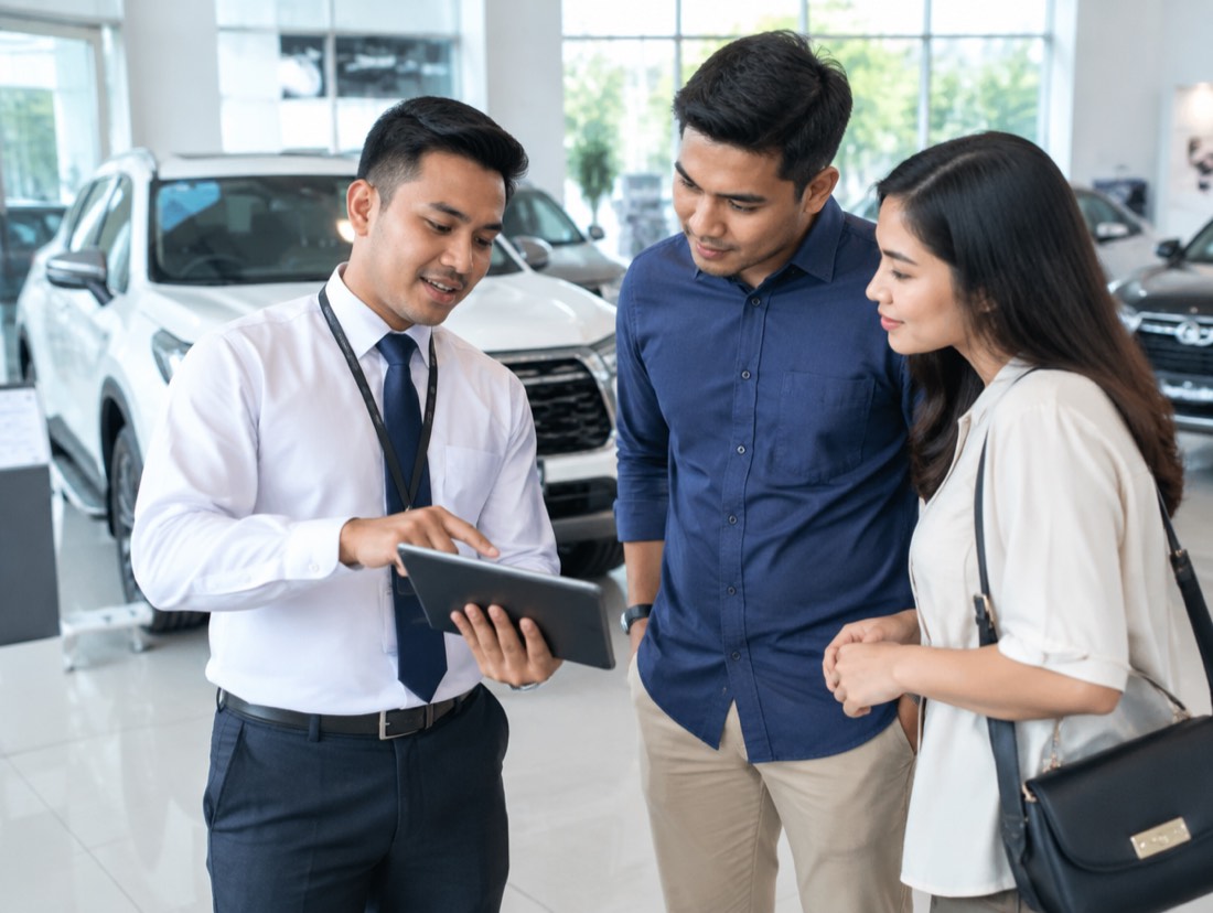 Sales mobil menunjukkan simulasi kredit di tablet kepada pasangan calon pembeli di showroom.