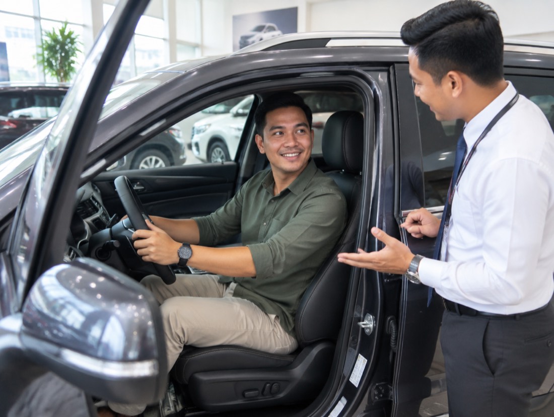 Calon pembeli mencoba kursi pengemudi mobil baru di showroom, ditemani sales.