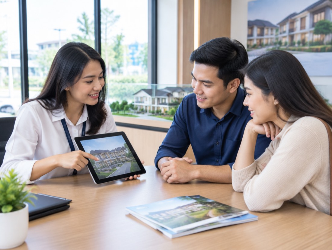 Sales properti menunjukkan data calon pembeli di tablet kepada pasangan muda.